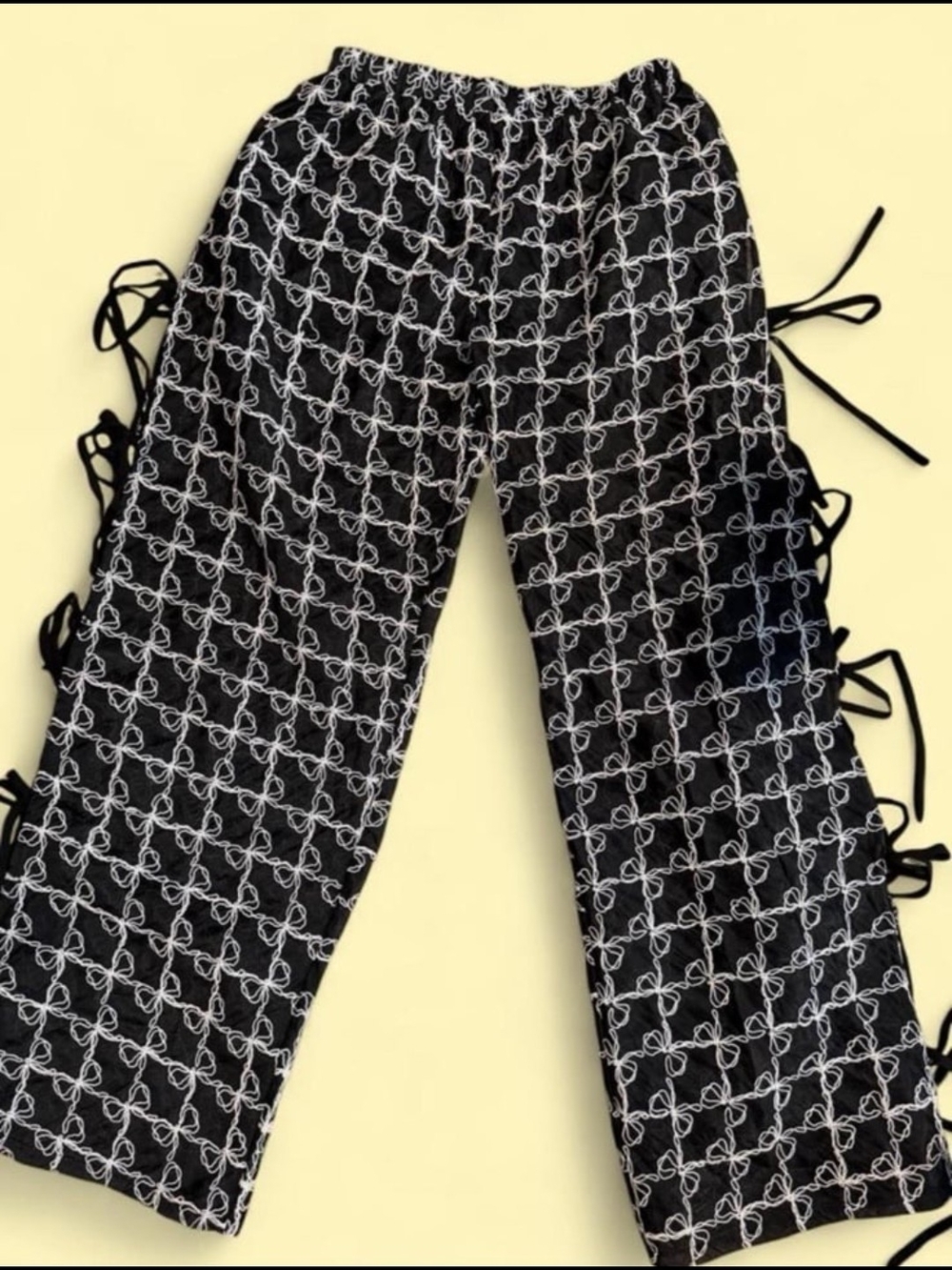 Lisa Says Gah Black Knit Chinos with White Loop Pattern and Side Ties